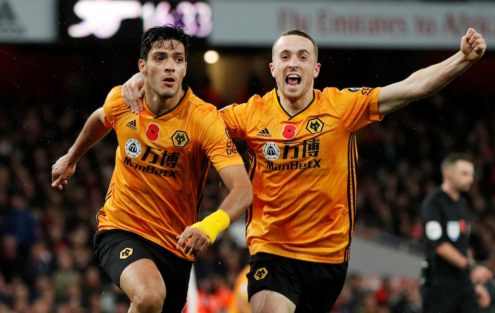 Wolverhampton Wanderers’ Raul Jimenez celebrates scoring their first goal with Diogo Jota during the Premier League with Arsenal at Emirates Stadium in London November 2, 2019. — Action Images pic via Reuters