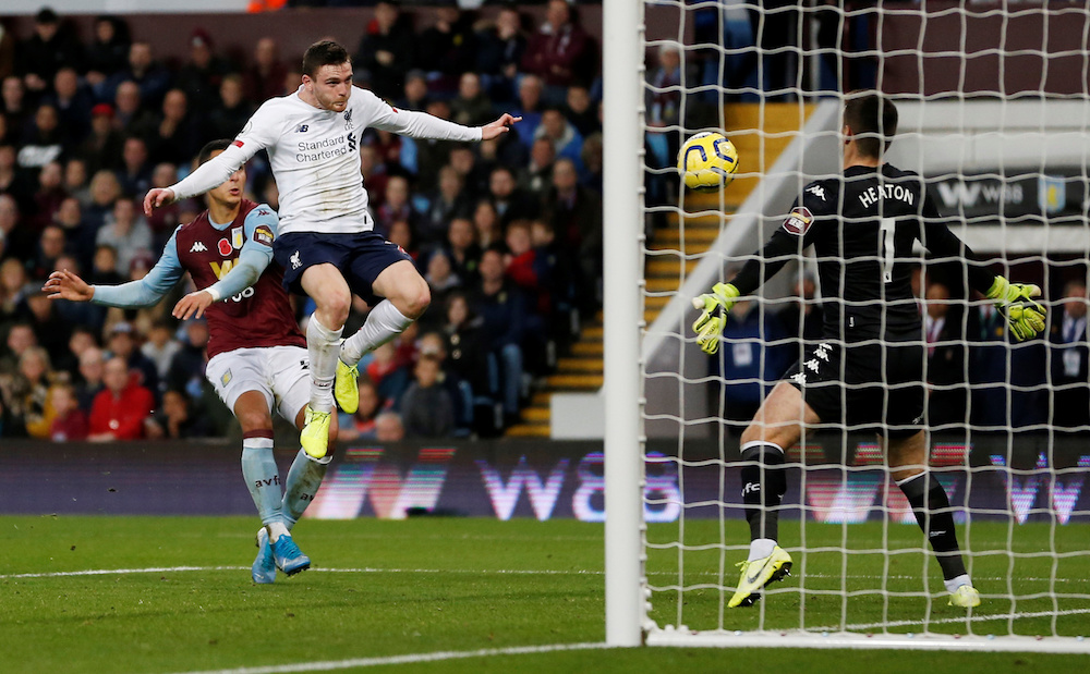 Liverpool’s Andrew Robertson scores their first goal during the Premier League match with Aston Villa at Villa Park in Birmingham November 2, 2019. — Action Images pic via Reuters