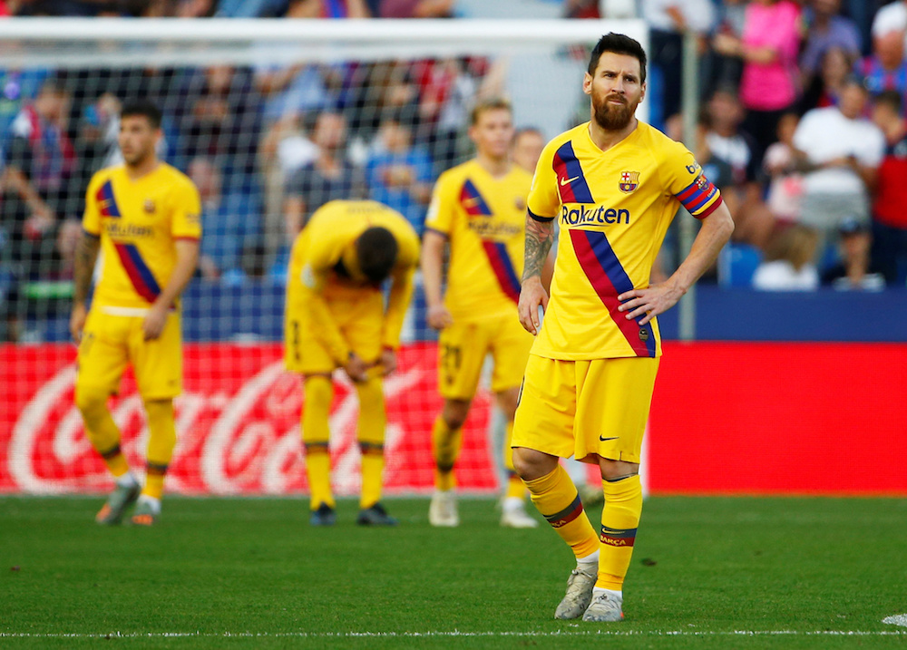 Barcelonau00e2u20acu2122s Lionel Messi looks dejected after Levanteu00e2u20acu2122s Nemanja Radoja scores their third goal during their La Liga match at Estadi Ciutat de Valencia in Valencia November 2, 2019. u00e2u20acu201d Reuters pic