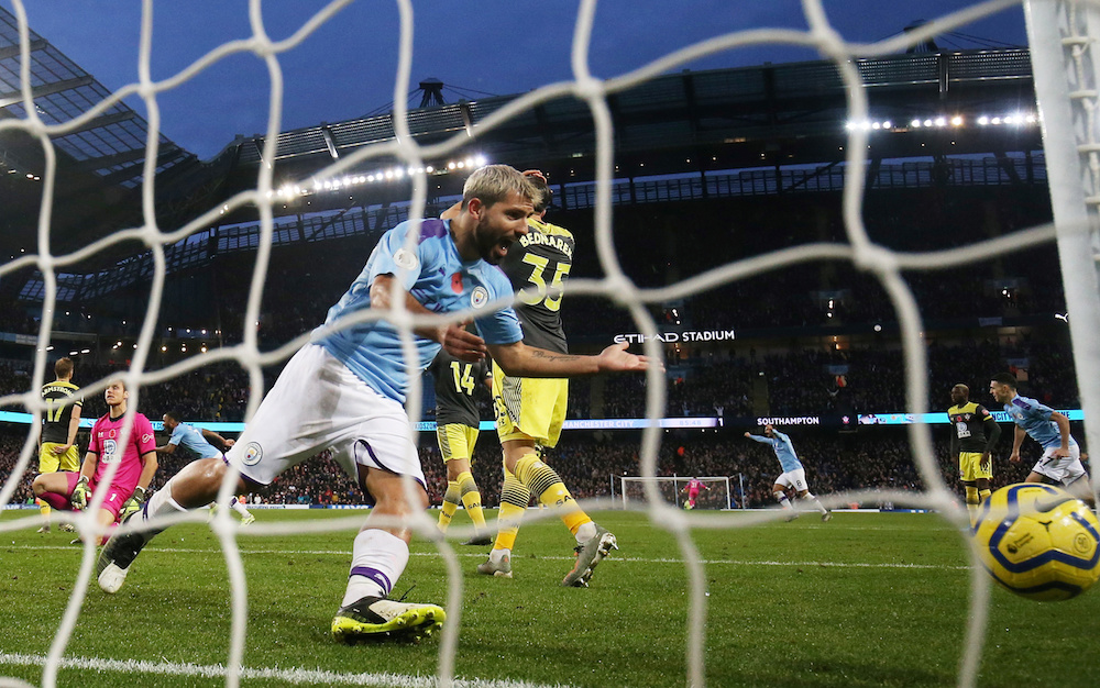 Manchester City’s Sergio Aguero celebrates after Kyle Walker scores their second goal during the Premier League with Southampton at Etihad Stadium in Manchester November 2, 2019. — Action Images pic via Reuters