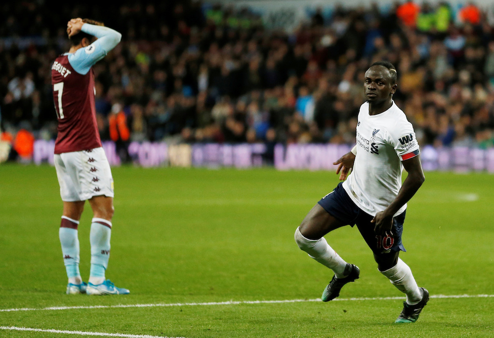 Liverpool’s Sadio Mane celebrates scoring their second goal during the Premier League match with Aston Villa at Villa Park in Birmingham November 2, 2019. — Action Images pic via Reuters