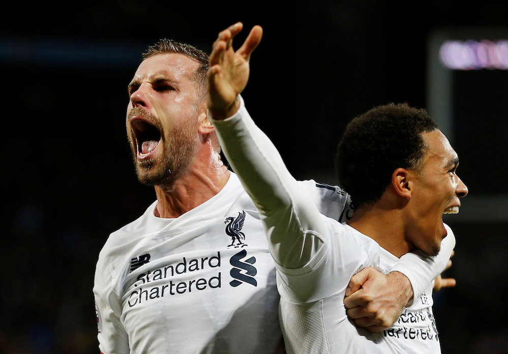 Liverpoolu00e2u20acu2122s Jordan Henderson and Trent Alexander-Arnold celebrate their second goal scored by Sadio Mane during the Premier League match with Aston Villa at Villa Park in Birmingham November 2, 2019. u00e2u20acu201d Action Images pic via Reuters