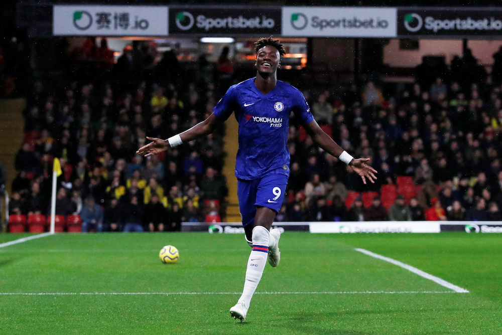 Chelseau00e2u20acu2122s Tammy Abraham celebrates scoring their first goal during the Premier League match with Watford at Vicarage Road in Watford November 2, 2019. u00e2u20acu201d Action Images pic via Reuters