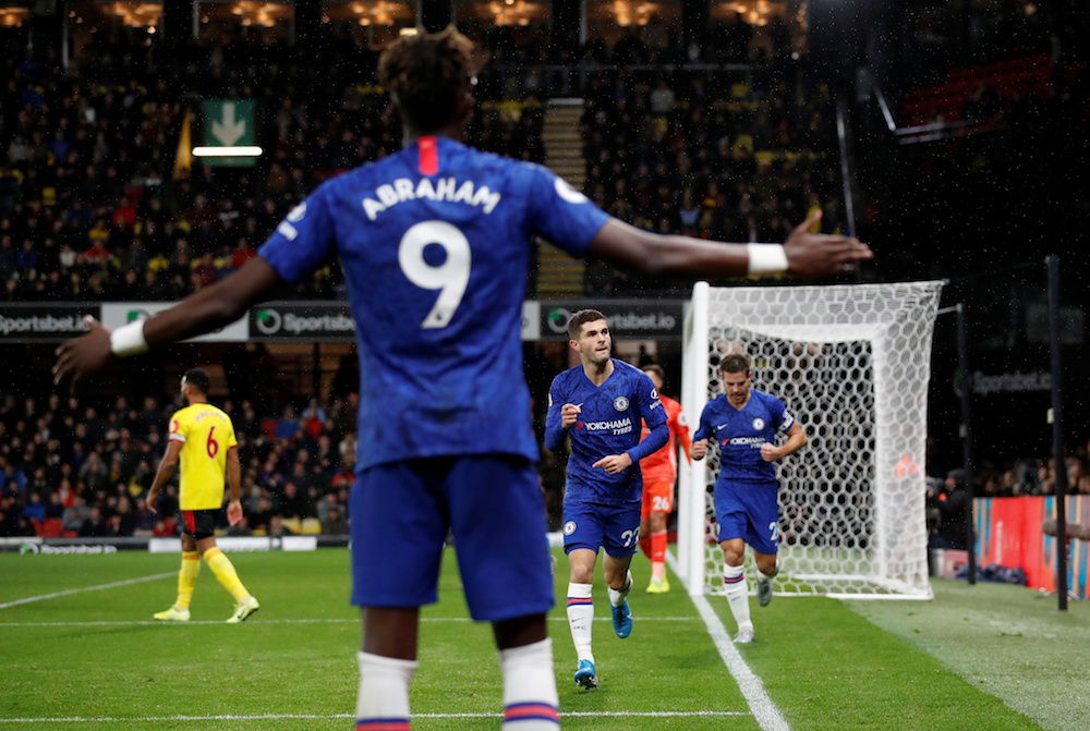 Chelseau00e2u20acu2122s Christian Pulisic celebrates scoring their second goal with Tammy Abraham during the Premier League match with Watford at Vicarage Road in Watford November 2, 2019. u00e2u20acu201d Action Images pic via Reuters