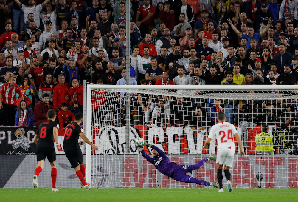 Atletico Madridu00e2u20acu2122s Diego Costa misses a penalty during the La Liga match with Sevilla at Ramon Sanchez Pizjuan in Seville November 2, 2019. u00e2u20acu201d Reuters pic