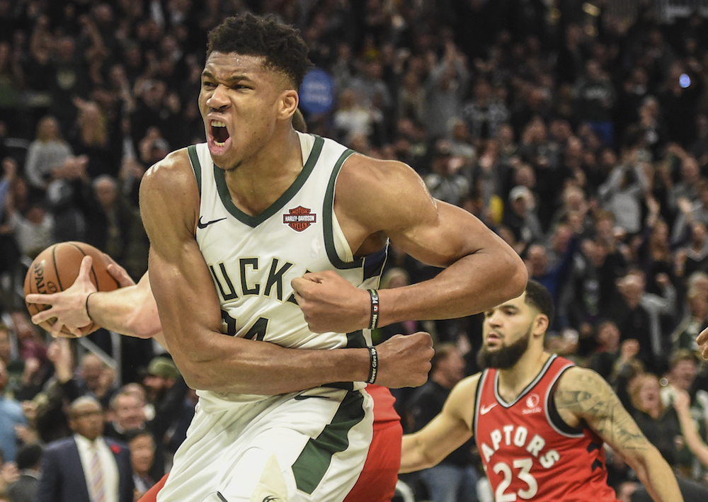 Milwaukee Bucks forward Giannis Antetokounmpo reacts after scoring a basket late in the fourth quarter against the Toronto Raptors at Fiserv Forum in Milwaukee November 2, 2019. u00e2u20acu201d Benny Sieu-USA TODAY Sports pic via Reuters