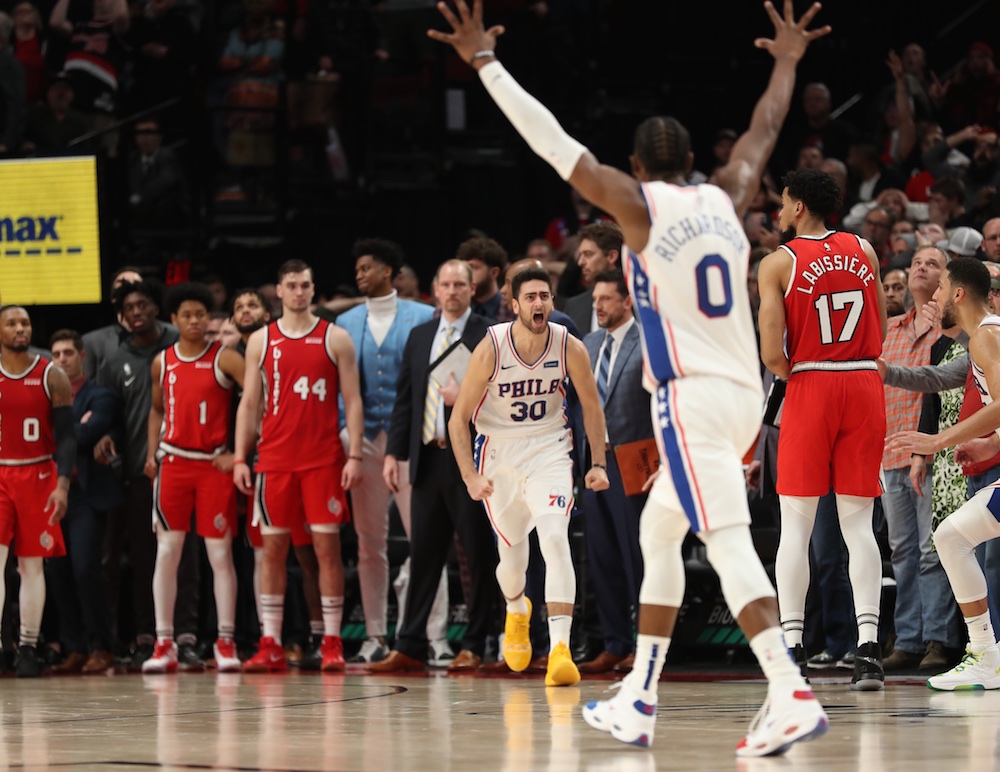 Philadelphia 76ers guard Furkan Korkmaz reacts after making the game winning three-point shot to defeat the Portland Trail Blazers at Moda Centre in Portland November 3, 2019. u00e2u20acu201d Jaime Valdez-USA TODAY Sports pic via Reuters
