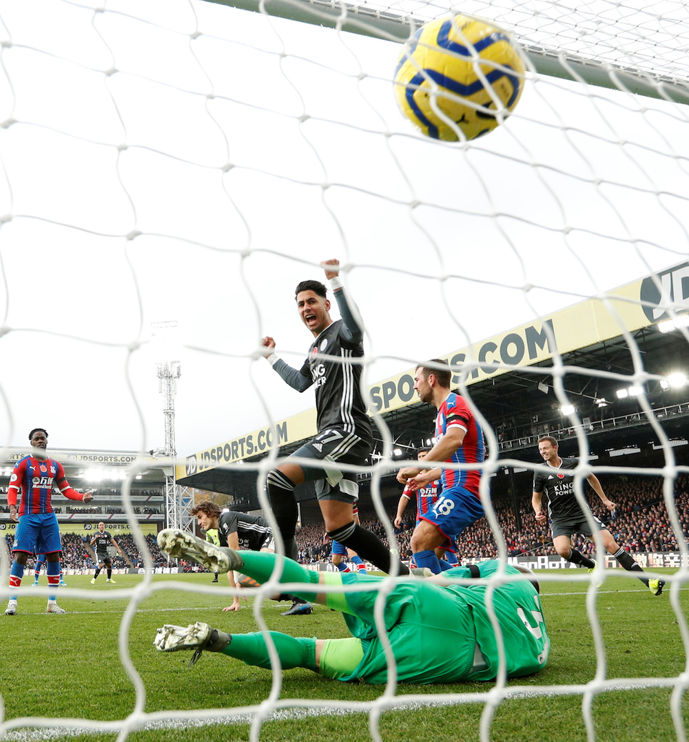 Leicester City’s Caglar Soyuncu celebrates scoring their first goal with Ayoze Perez during the Premier League match with Crystal Palace at Selhurst Park in London November 3, 2019. — Action Images pic via Reuters