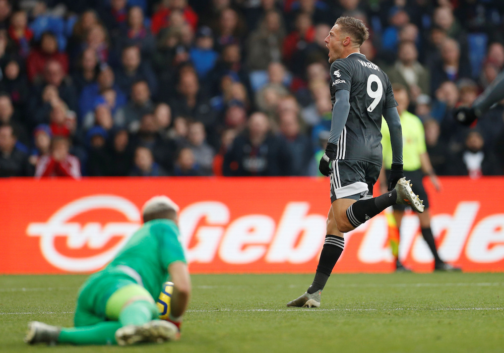 Leicester City’s Jamie Vardy celebrates scoring their second goal during the Premier League match with Crystal Palace at Selhurst Park in London November 3, 2019. — Action Images pic via Reuters