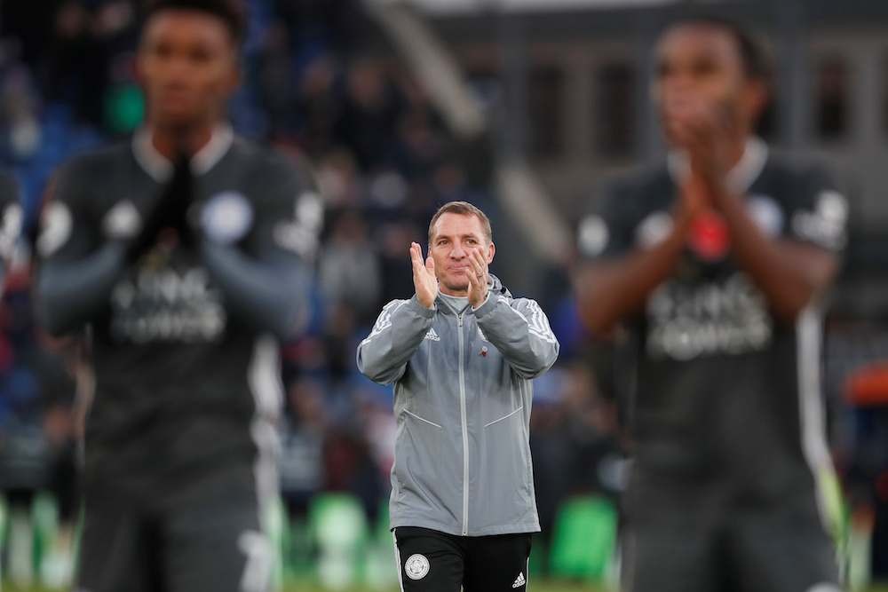 Leicester City manager Brendan Rodgers applauds the fans after the Premier League match with Crystal Palace at Selhurst Park in London November 3, 2019. u00e2u20acu201d Reuters pic