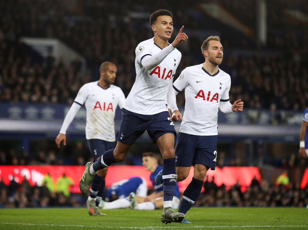 Tottenham Hotspur’s Dele Alli celebrates scoring their first goal with Christian Eriksen during the Premier League match with Everton at Goodison Park in Liverpool November 3, 2019. — Action Images pic via Reuters