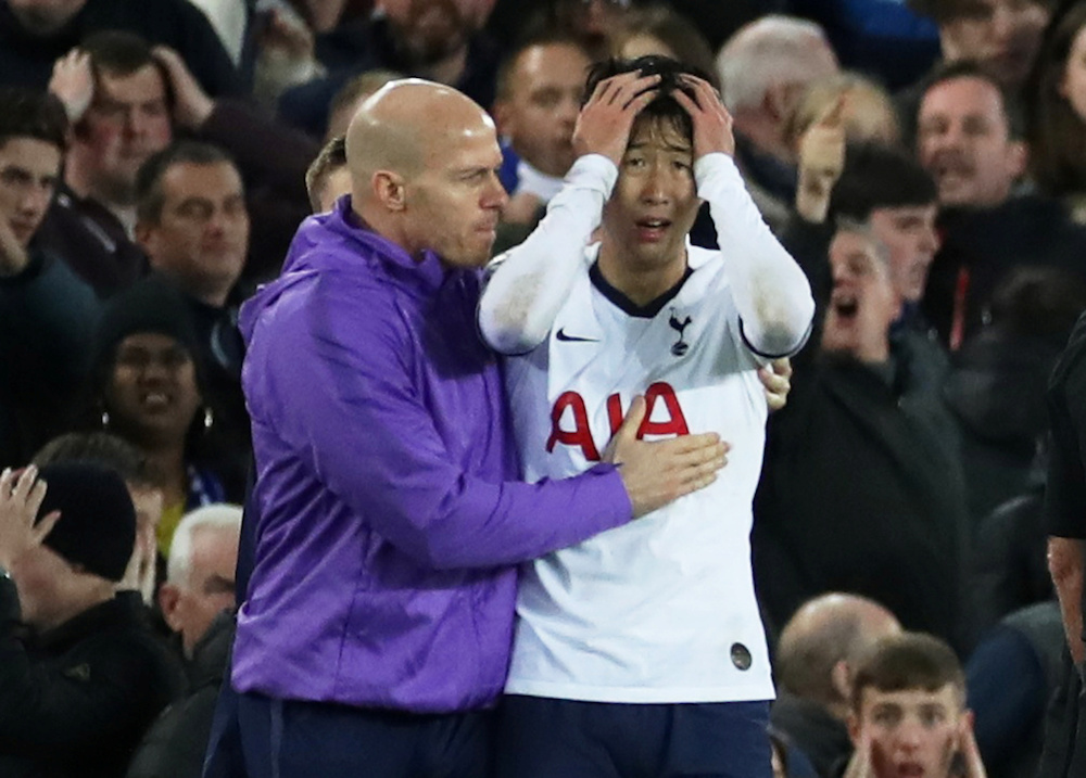 Tottenham Hotspuru00e2u20acu2122s Son Heung-min looks dejected after Evertonu00e2u20acu2122s Andre Gomes sustains an injury during their Premier League match at Goodison Park in Liverpool November 3, 2019. u00e2u20acu201d Action Images pic via Reuters