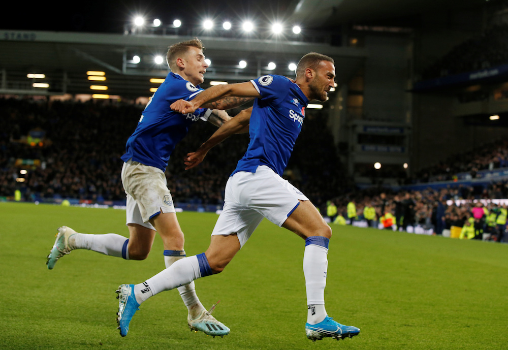 Everton’s Cenk Tosun celebrates scoring the equaliser with Lucas Digne during the Premier League match with Tottenham Hotspur at Goodison Park in Liverpool November 3, 2019. — Reuters pic