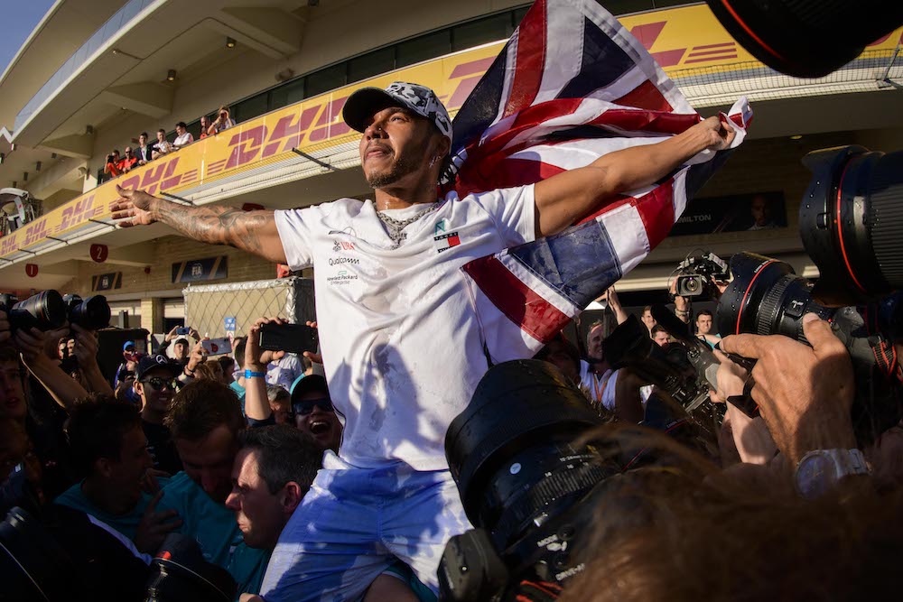 Mercedes driver Lewis Hamilton of Great Britain celebrates winning his sixth world championship after the United States Grand Prix at Circuit of the Americas in Austin November 3, 2019. u00e2u20acu201d Jerome Miron-USA TODAY Sports pic via Reuters