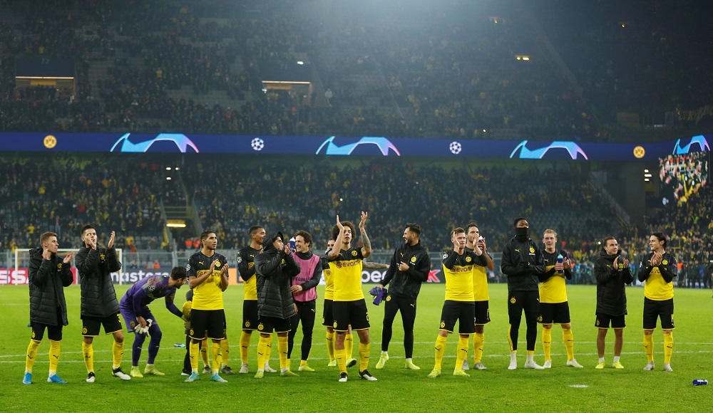 Borussia Dortmund players applaud fans at the end of the match against Inter Milan at the Signal Iduna Park in Dortmund November 5, 2019. u00e2u20acu201d Reuters pic