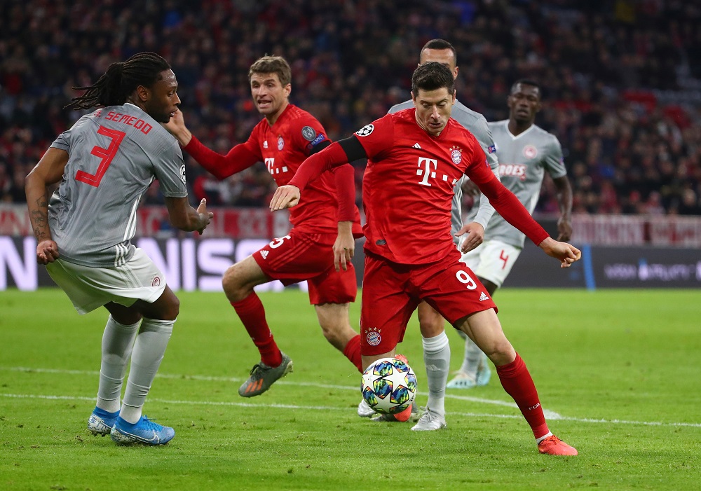 Bayern Munich's Robert Lewandowski in action with Olympiacos' Ruben Semedo during their match at the Allianz Arena in Munich November 6, 2019. u00e2u20acu201d Reuters pic