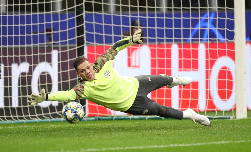 Manchester City's Ederson during the warm up before the match against Atalanta at the San Siro stadium in Madrid November 6, 2019. u00e2u20acu201d Action Images via Reuters/Carl Recine