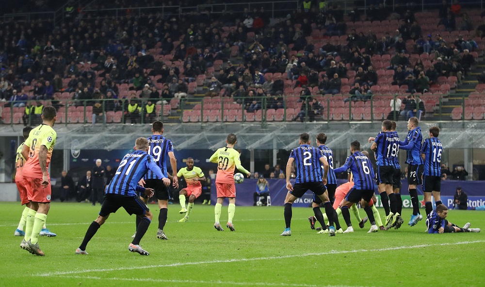 Manchester City's Raheem Sterling shoots at goal from a free kick during the match against Atalanta at San Siro stadium in Milan November 6, 2019. u00e2u20acu201d Action Images via Reuters