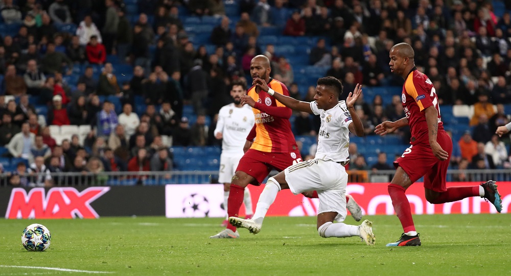 Real Madrid's Rodrygo scores their sixth goal to complete his hat-trick against Galatasaray at the Santiago Bernabeu stadium in Madrid November 6, 2019. u00e2u20acu201d Reuters pic