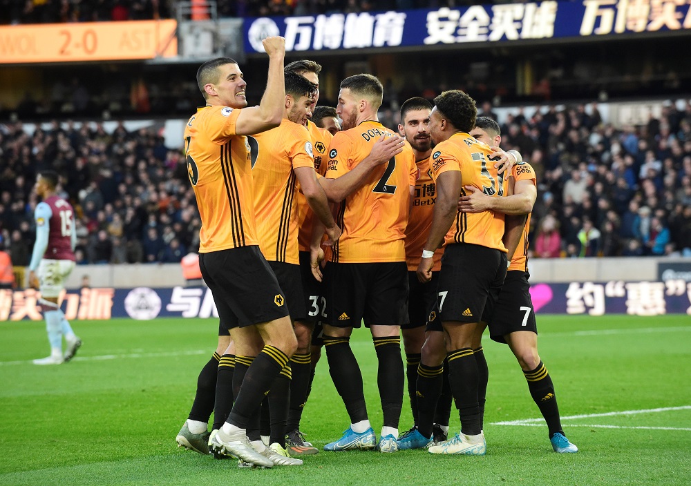 Wolverhampton Wanderers' Raul Jimenez celebrates scoring their second goal with Adama Traore, Conor Coady and teammates at the Molineux Stadium in Wolverhampton November 10, 2019. u00e2u20acu201d Reuters pic