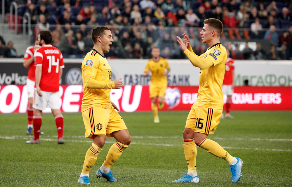 Belgiumu00e2u20acu2122s Eden Hazard celebrates scoring their second goal with Thorgan Hazard during the Euro 2020 Qualifier Group I with Russia at Saint Petersburg Stadium in Saint Petersburg November 16, 2019. u00e2u20acu201d Reuters pic