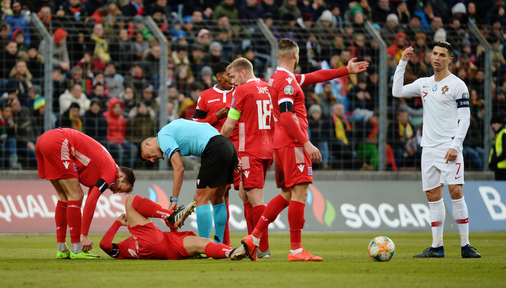 Portugalu00e2u20acu2122s Cristiano Ronaldo reacts after a Luxembourg player goes down injured during their Euro 2020 Qualifier Group B match at Stade Josy Barthel in Luxembourg City November 17, 2019. u00e2u20acu201d Reuters pic