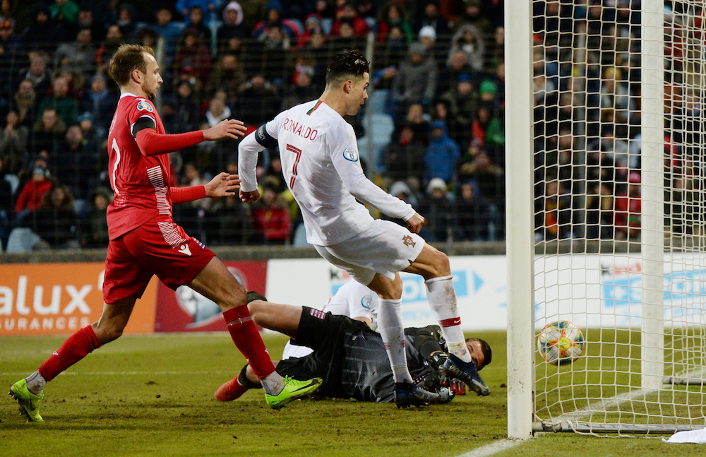 Portugalu00e2u20acu2122s Cristiano Ronaldo scores their second goal during the Euro 2020 Qualifier Group B match with Luxembourg at Stade Josy Barthel in Luxembourg City November 17, 2019. u00e2u20acu201d Reuters pic