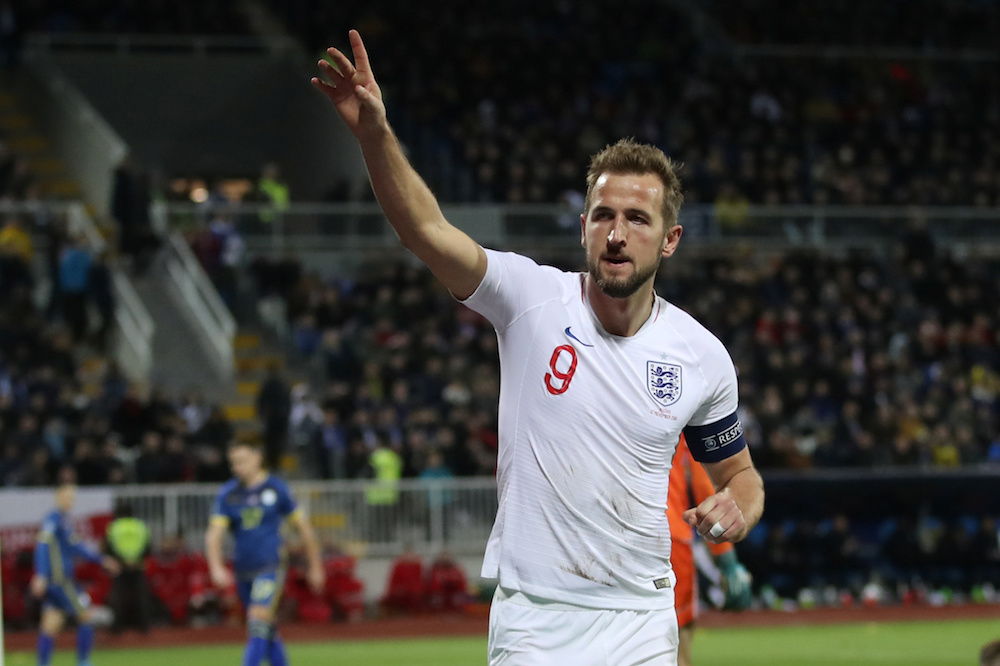 Englandu00e2u20acu2122s Harry Kane celebrates scoring their second goal during the Euro 2020 Qualifier Group A match with Kosovo at Fadil Vokrri Stadium in Pristina November 17, 2019. u00e2u20acu201d Action Images pic via Reuters