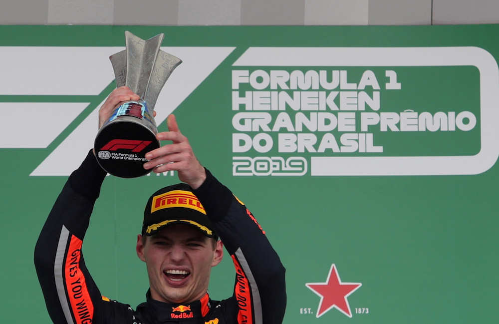 Red Bullu00e2u20acu2122s Max Verstappen celebrates on the podium with the trophy after winning the Brazilian Grand Prix at Autodromo Jose Carlos Pace in Interlagos, Sao Paulo November 17, 2019. u00e2u20acu201d Reuters pic