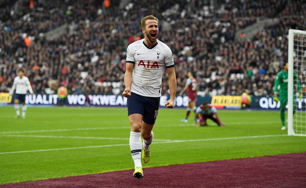 Tottenham Hotspuru00e2u20acu2122s Harry Kane celebrates scoring their third goal during the Premier League match with West Ham at London Stadium in London November 23, 2019. u00e2u20acu201d Action Images pic via Reuters
