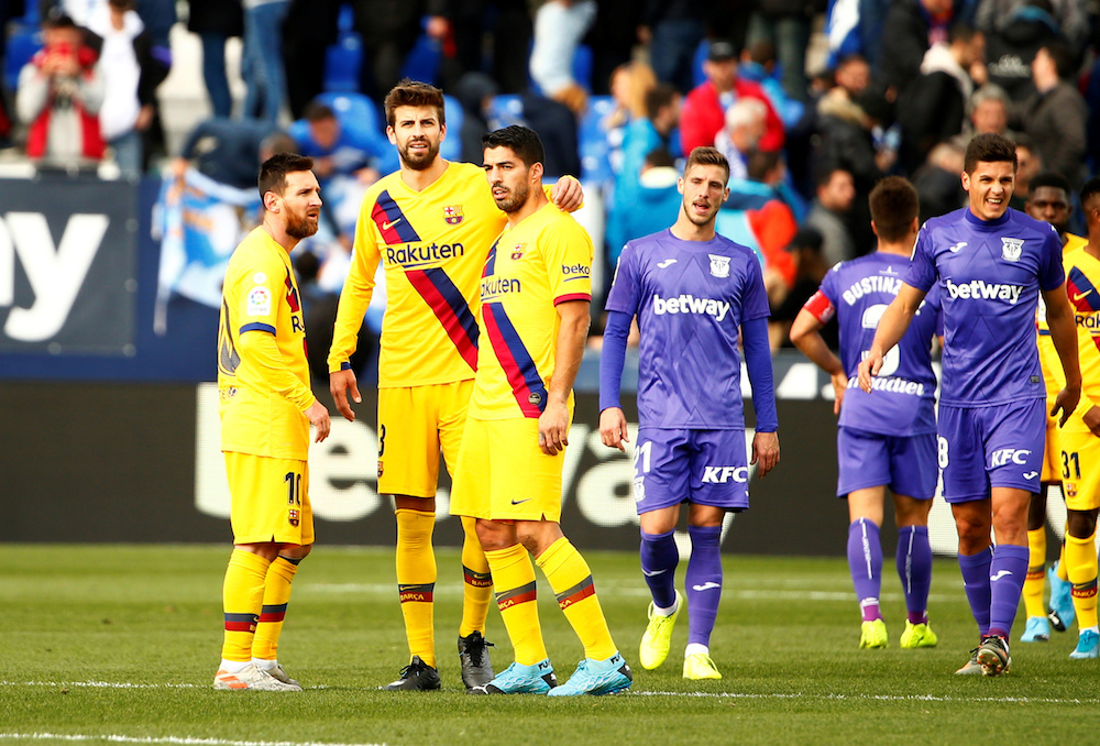 Barcelonau00e2u20acu2122s Lionel Messi, Luis Suarez and Gerard Pique after the La Liga match with Leganes at Estadio Municipal de Butarque in Leganes November 23, 2019. u00e2u20acu201d Reuters pic