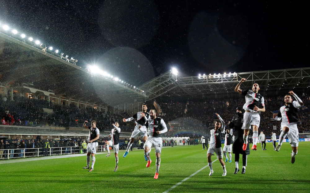 Juventusu00e2u20acu2122 players celerabte after the Serie A match with Atalanta at Stadio Atleti Azzurri in Bergamo November 23, 2019. u00e2u20acu201d Reuters pic
