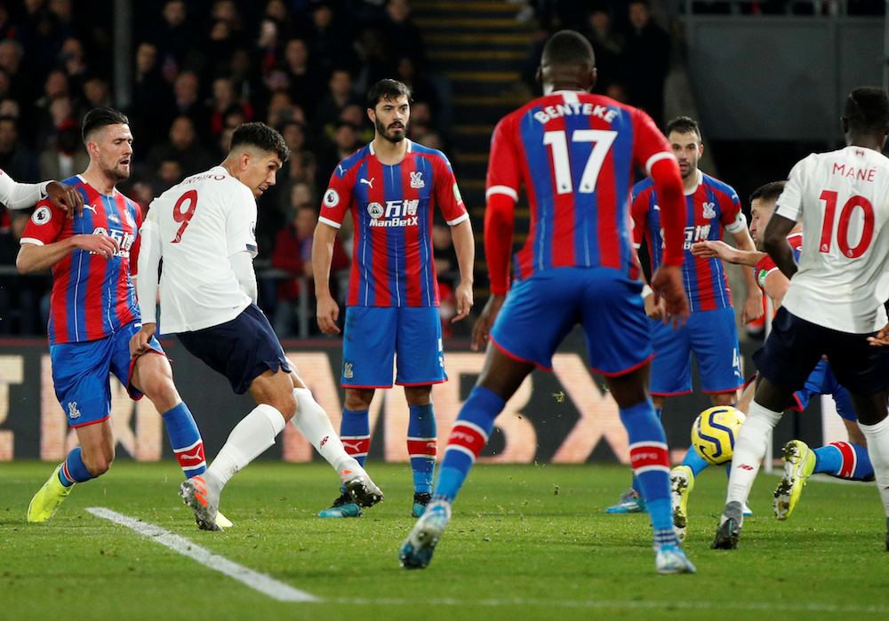 Liverpoolu00e2u20acu2122s Roberto Firmino scores their second goal during the Premier League with Crystal Palace at Selhurst Park in London November 23, 2019. u00e2u20acu201d Action Images pic via Reuters
