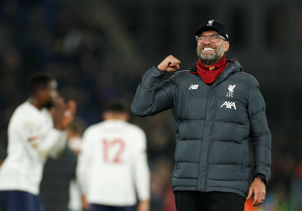Liverpool manager Jurgen Klopp celebrates after the Premier League match with Crystal Palace at Selhurst Park in London November 23, 2019. u00e2u20acu201d Action Images pic via Reuters