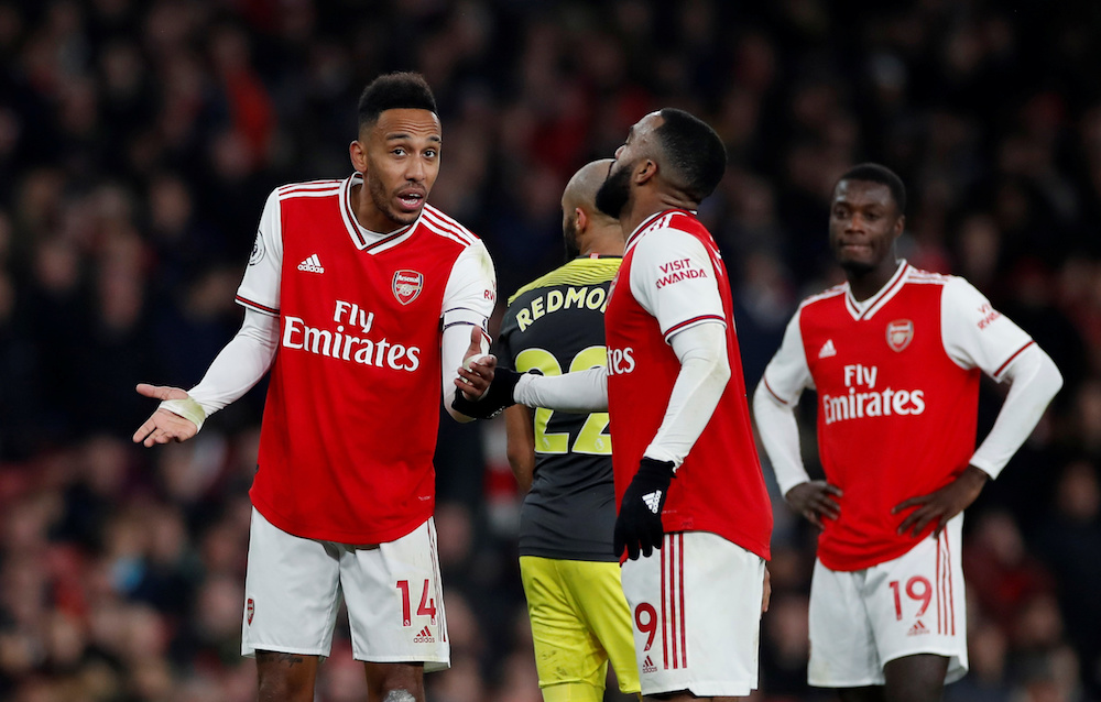 Arsenalu00e2u20acu2122s Pierre-Emerick Aubameyang and Alexandre Lacazette react during the Premier League match with Southampton at Emirates Stadium in London November 23, 2019. u00e2u20acu201d Action Images pic via Reuters