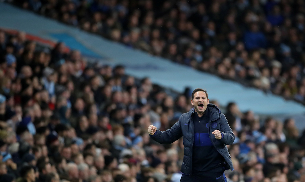 Chelsea manager Frank Lampard celebrates their first goal scored by Nu00e2u20acu2122Golo Kante during the Premier League match with Manchester City at Etihad Stadium in Manchester November 23, 2019. u00e2u20acu201d Action Images pic via Reuters
