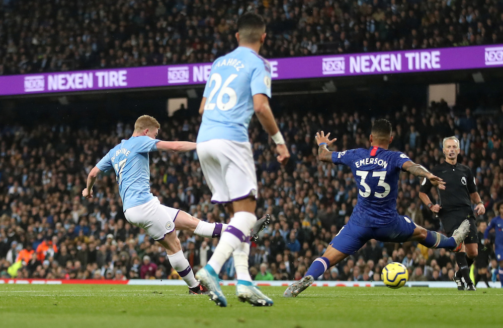 Manchester City’s Kevin De Bruyne scores their first goal during their Premier League match with Chelsea at Etihad Stadium in Manchester November 23, 2019. — Action Images pic via Reuters
