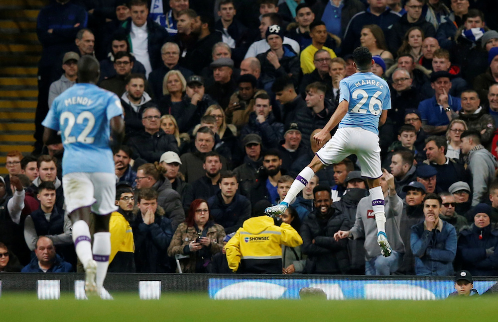 Manchester Cityu00e2u20acu2122s Riyad Mahrez celebrates scoring their second goal during their Premier League match with Chelsea at Etihad Stadium in Manchester November 23, 2019. u00e2u20acu201d Reuters pic