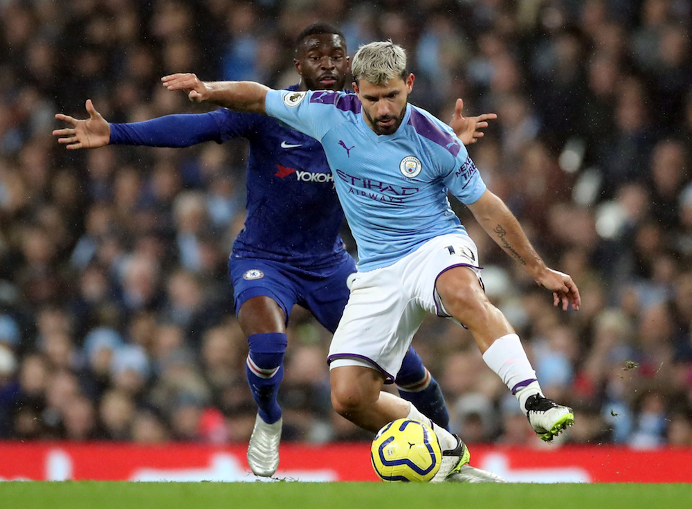 Manchester City’s Sergio Aguero in action with Chelsea’s Fikayo Tomori during their Premier League match at Etihad Stadium in Manchester November 23, 2019. — Reuters pic