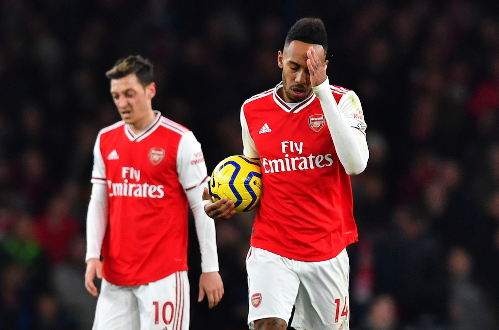 Arsenal’s Pierre-Emerick Aubameyang and Mesut Ozil look dejected after their Premier League match with Southampton at Emirates Stadium in London November 23, 2019. — Reuters pic