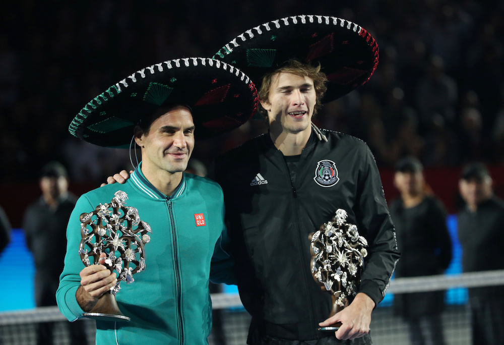 Switzerlandu00e2u20acu2122s Roger Federer and Germanyu00e2u20acu2122s Alexander Zverev pose for a photo after their exhibition match in Plaza Mexico, Mexico City November 23, 2019. u00e2u20acu201d Reuters pic