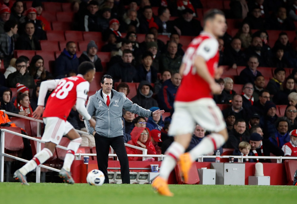 Arsenal manager Unai Emery reacts during the match against Eintracht Frankfurt at the Emirates Stadium in London November 28, 2019. u00e2u20acu201d Action Images via Reuters