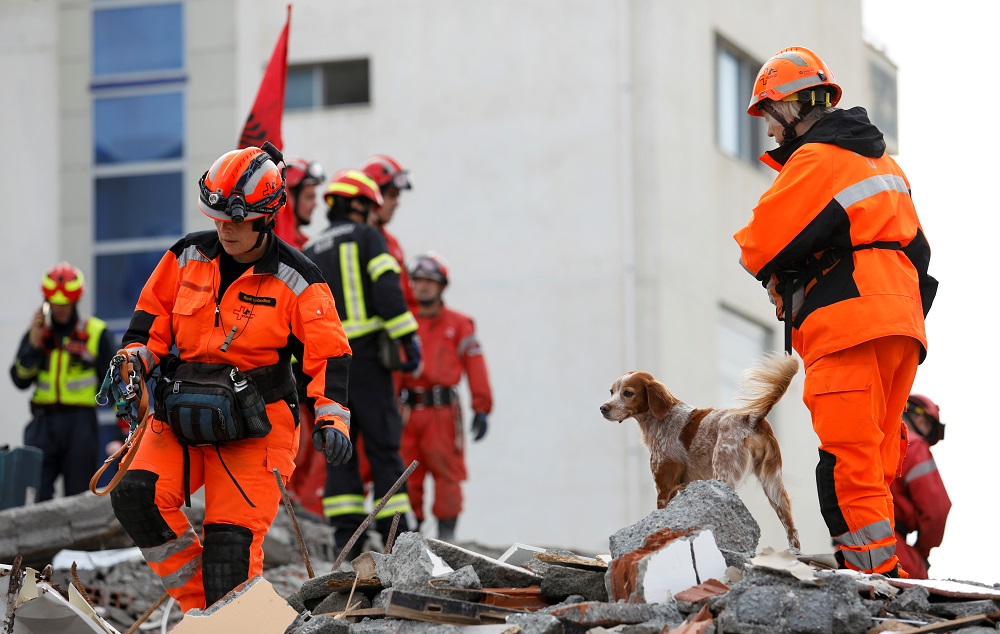 Rescue workers with a dog work on a collapsed building in Durres, after an earthquake shook Albania November 29, 2019. u00e2u20acu201d Reuters pic