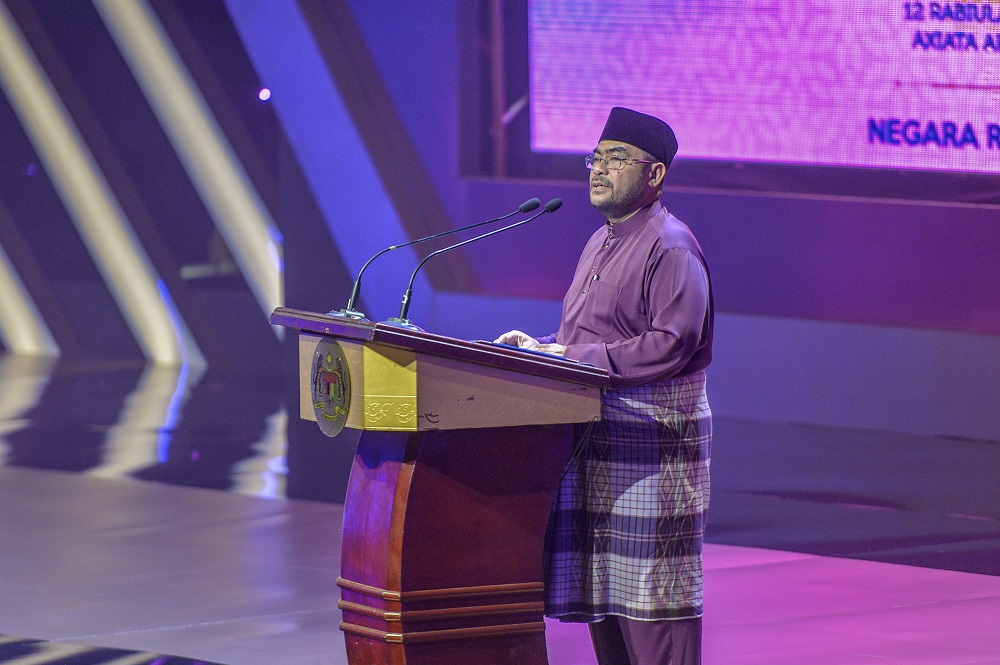 Minister in prime minister office religious affairs Datuk Seri Mujahid Yusof speaks during the national-level celebration of Prophet Muhammad's birthday in Bukit Jalil November 9, 2019. u00e2u20acu201d Picture by Shafwan Zaidon