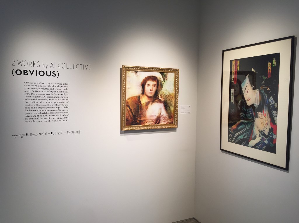 A picture taken on November 1, 2019 at Sotheby's in New York shows two paintings, from left, u00e2u20acu02dcLa Baronne de Belamy,u00e2u20acu2122 and u00e2u20acu02dcKatsuwaka of the Dawn Lagoonu00e2u20acu2122. u00e2u20acu201d AFP pic nn