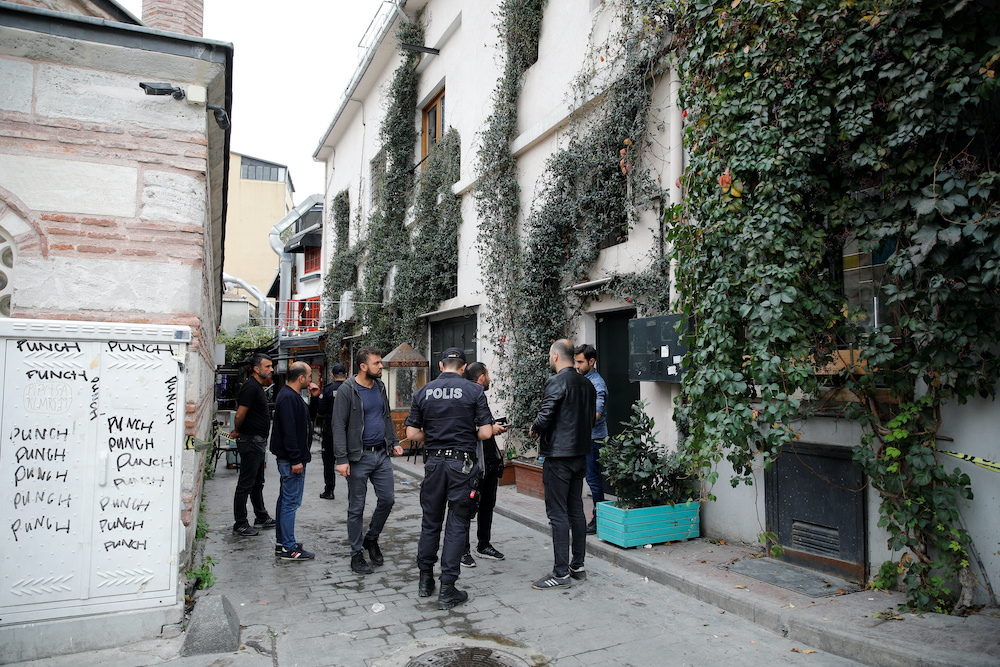 Turkish police officers stand outisde the home office of James Le Mesurier, founder of the Mayday Rescue group, in Istanbul November 11, 2019. u00e2u20acu201d Reuters picnn