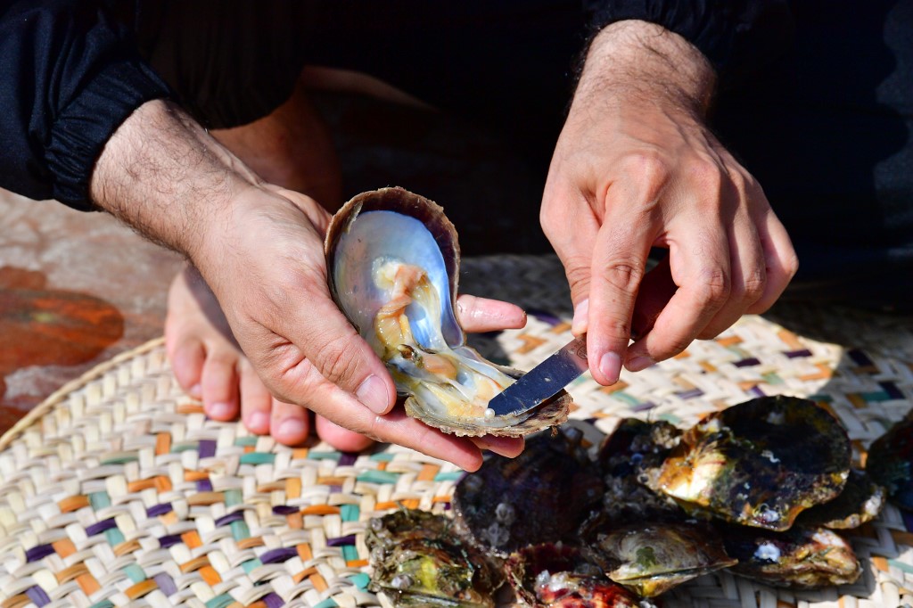 Emirati Abdullah al-Suwaidi displays a pearl found in a oyster at the Suwaidi's pearl farm, off the coast of al-Rams in the northern emirate of Ras al-Khaimah, on October 31, 2019. u00e2u20acu201d AFP picnn