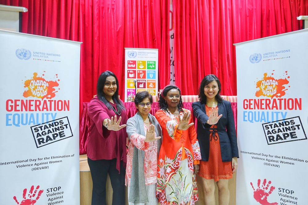 Nisya Ayub, Professor Datuk Rashila Ramli, Professor Pascale Allotey and Liya Red at the International Day for the Elimination of Violence Against Women forum at Women's Institute Management, November 25, 2019. — Picture by Ahmad Zamzahuri