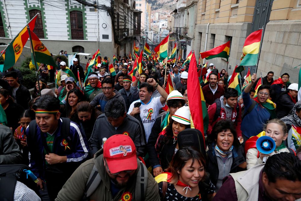 People shout slogans during a protest against Boliviau00e2u20acu2122s President Evo Morales in La Paz, Bolivia, November 9, 2019. u00e2u20acu201d Reuters pic