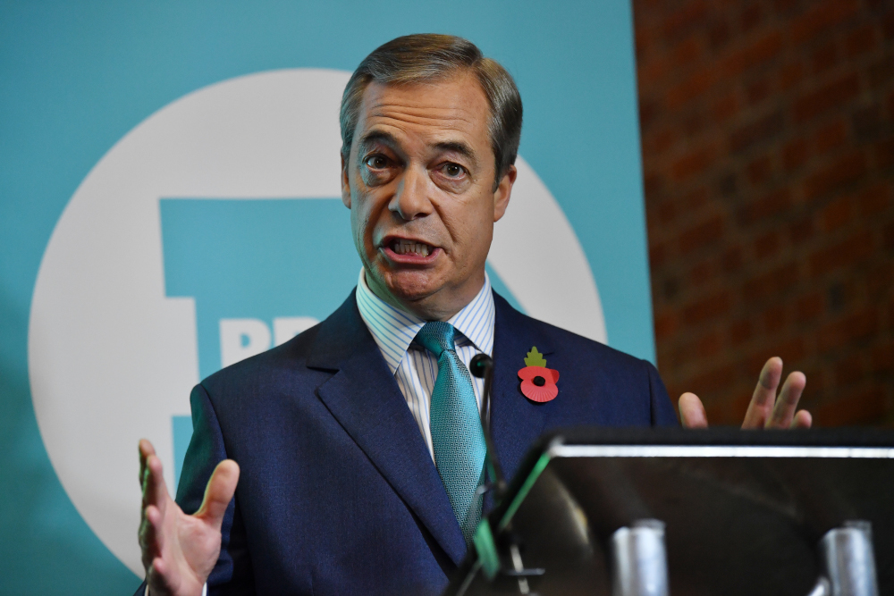 Brexit Party leader Nigel Farage speaks on stage during an event to launch the Brexit Party general election campaign in London November 1, 2019. u00e2u20acu201d AFP pic 